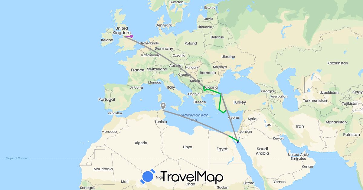 TravelMap itinerary: driving, bus, plane, train in Bulgaria, Egypt, United Kingdom, Tunisia, Turkey (Africa, Asia, Europe)